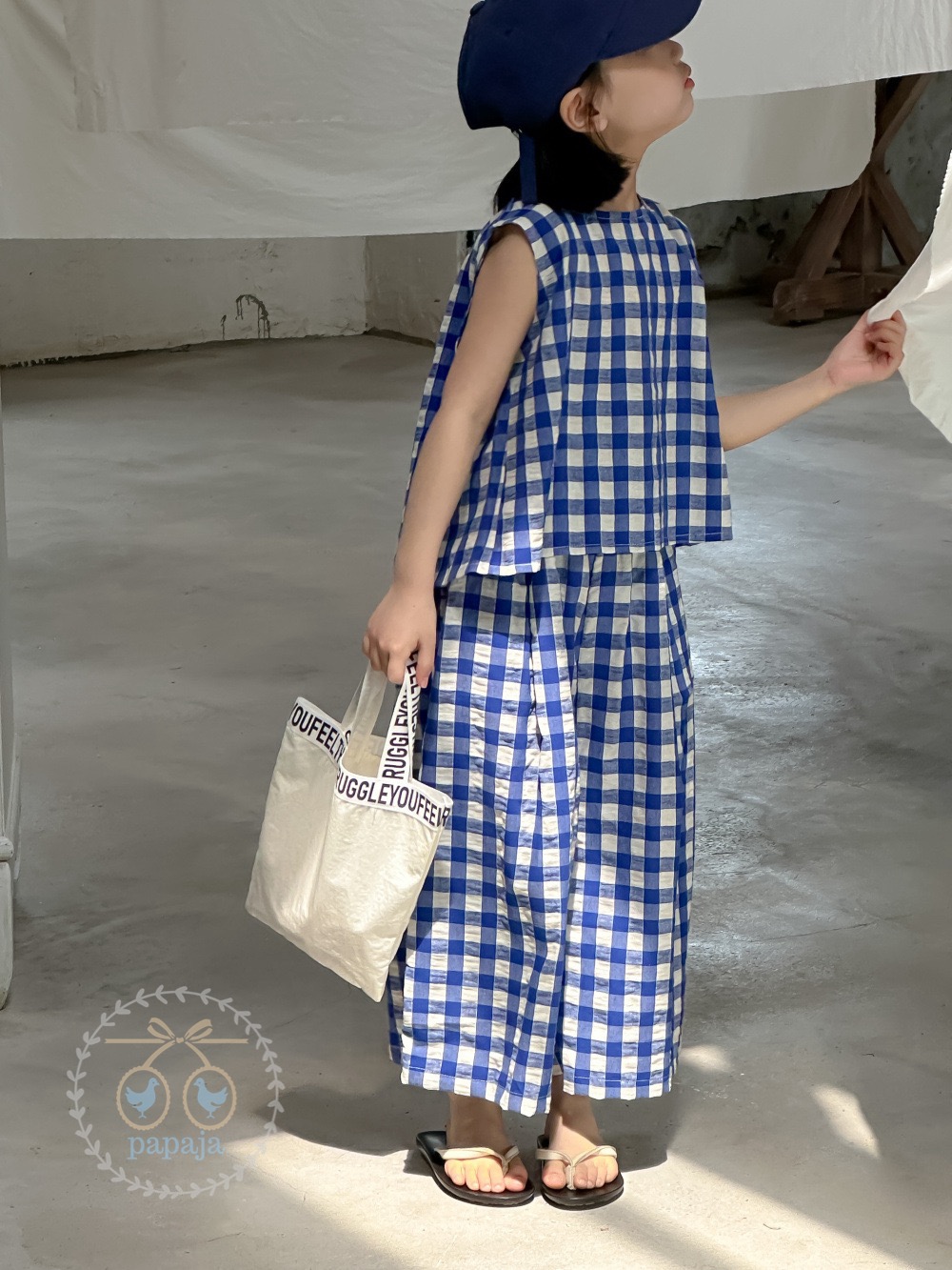 เซตเสื้อแขนกุด+กางเกงขายาวลายสก็อตสีน้ำเงิน