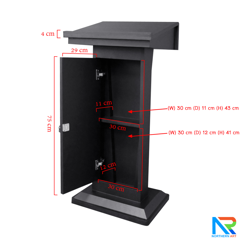 โพเดียมไม้ สีดำ ทรงโมเดิร์น TOP เอียง ขนาด (W)58 x (L)46 cm. สูง 114 cm. พร้อมตู้ใส่ของ มีกุญแจล็อค