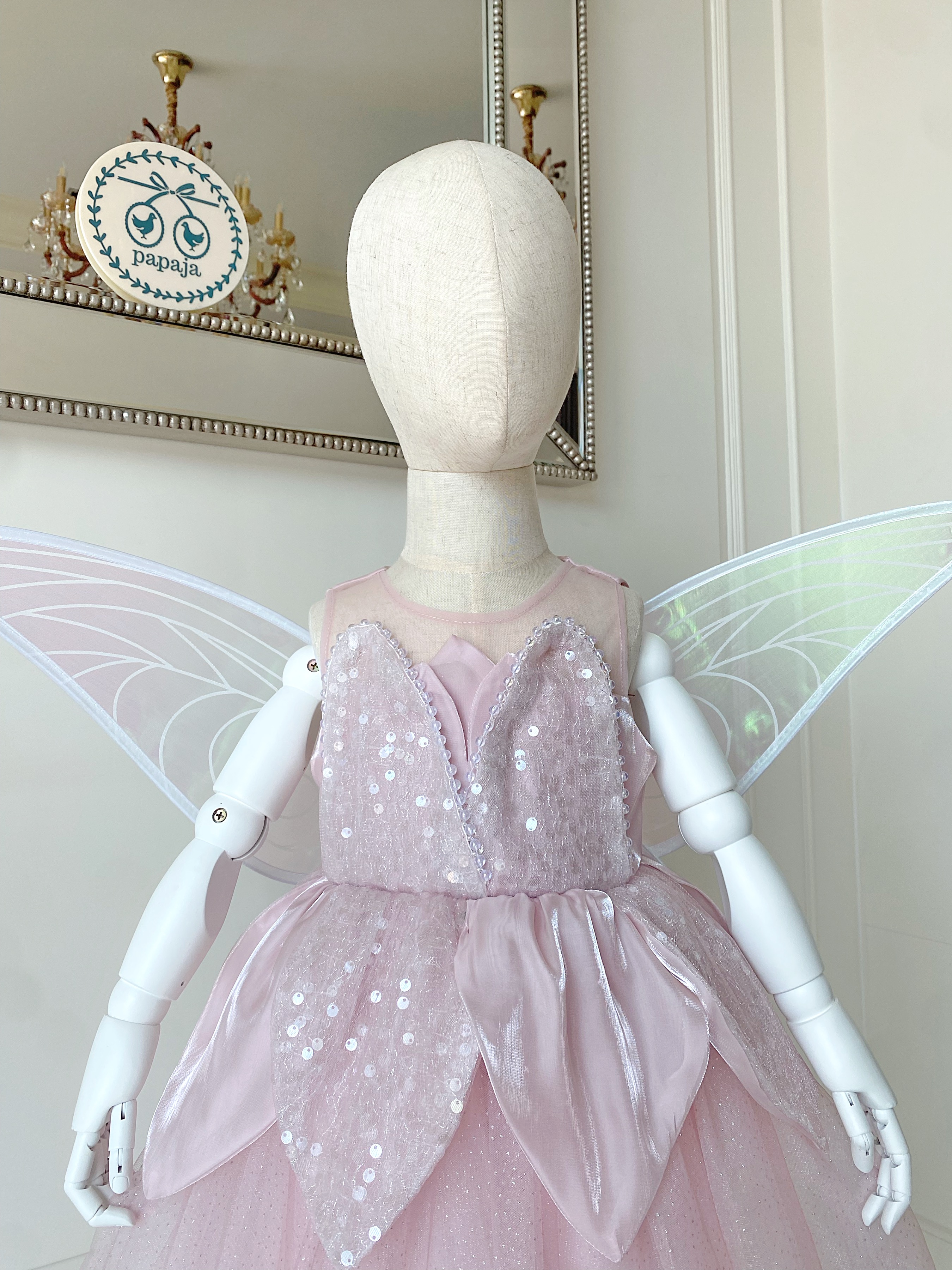 ชุดเจ้าหญิงทิงเกอร์เบลสีชมพูพร้อมปีกสีขาว รุ่นไฮพรีเมี่ยม งานสวยอลัง ปักเลื่อมทั้งชุด