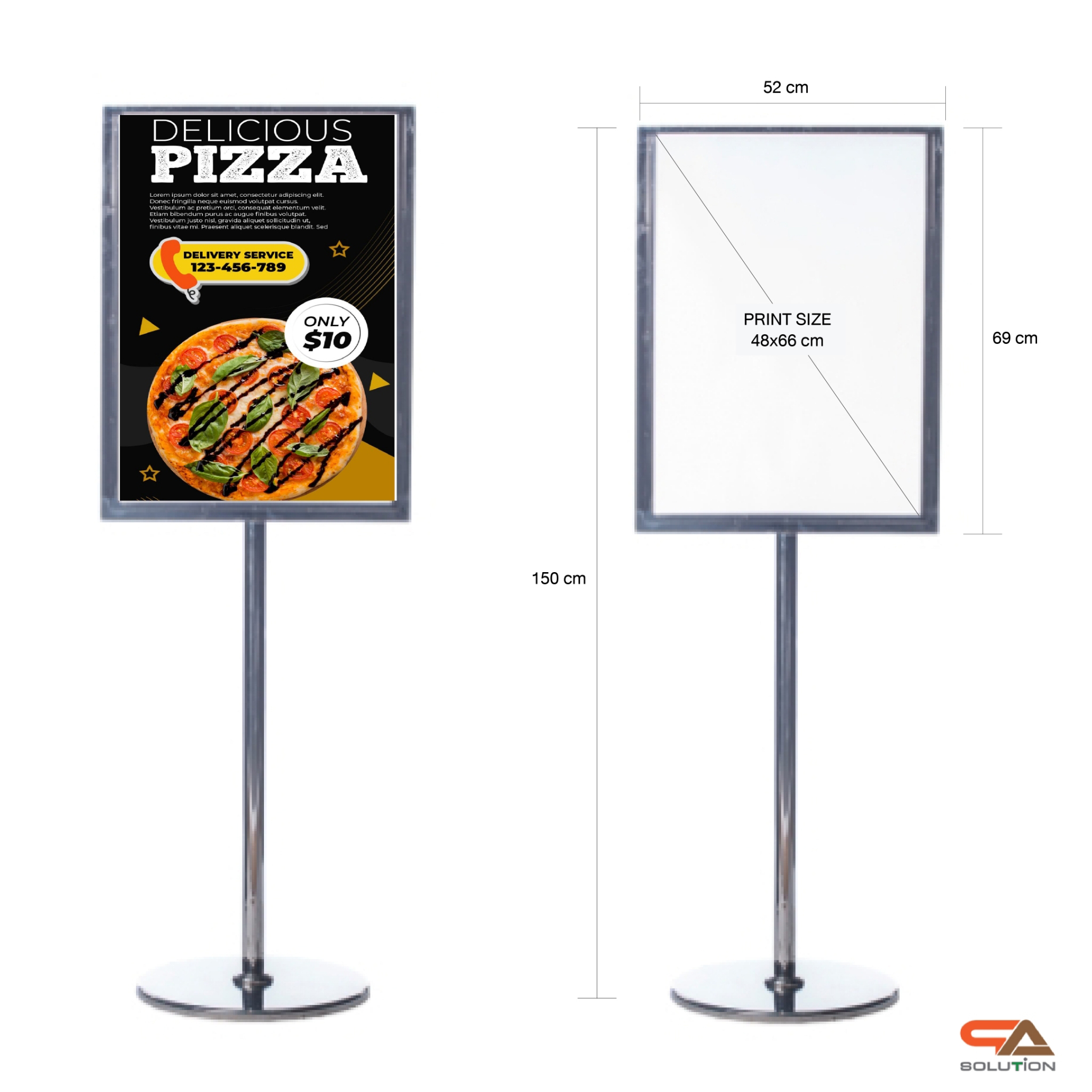 โปสเตอร์สแตนด์ สแตนเลส ขนาด 52x69x150 cm.ฐานกลม พร้อมอะคริลิค 2 แผ่น ประกบ สอดงานพิมพ์ด้านบน