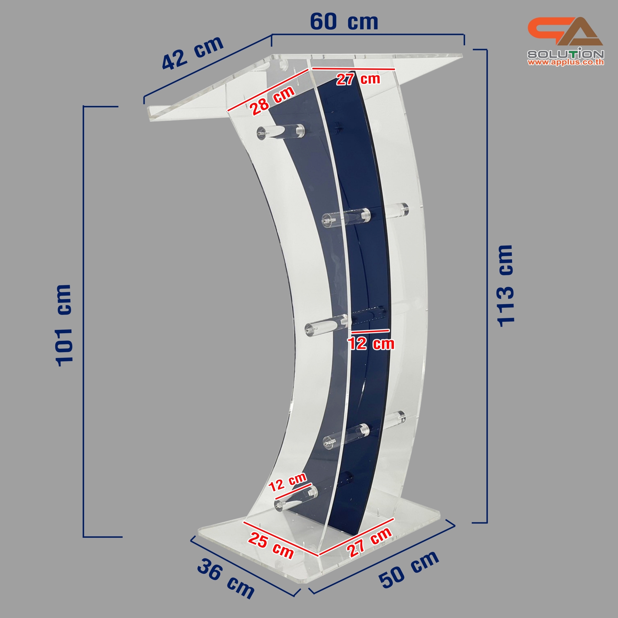 โพเดียมอะคริลิคใส และอะคริลิคสีน้ำเงิน ขนาด(W)60 x (L)42 x (H)113 cm. TOP เอียงพร้อมกันตก