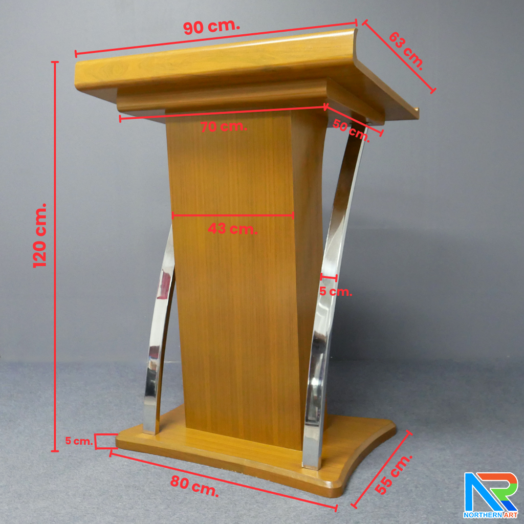 โพเดียมไม้ ยืนคู่ สีสัก ขนาด (W) 90x (L) 63 x (H) 120 cm. ตกแต่งเสาโค้งสแตนเลสเกรด 304