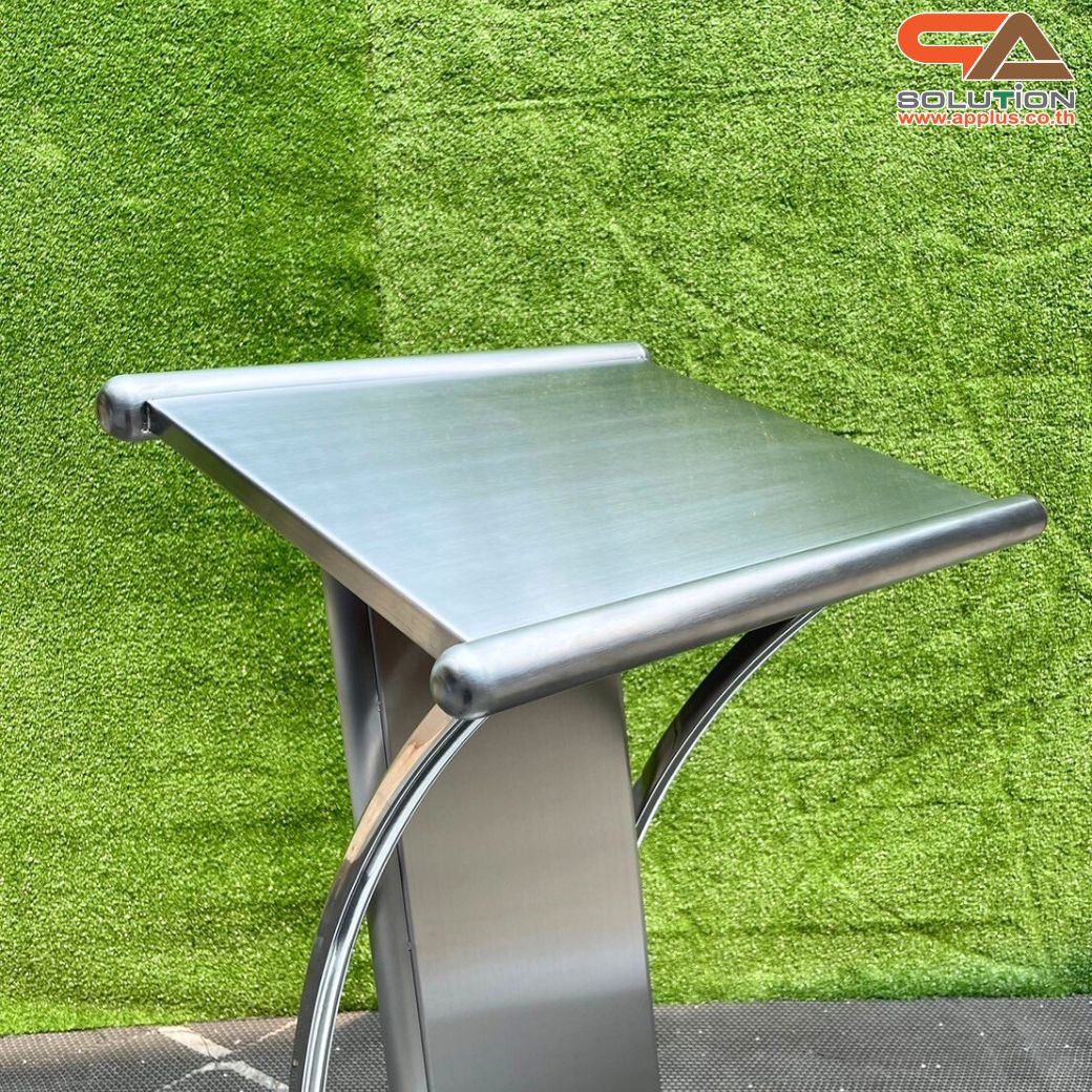 โพเดียมสแตนเลส แฮร์ไลน์ ST-01 ขนาด TOP (W)57 x (L)49 สูง (H)116 ซม. ตกแต่งสแตนเลสโค้งด้านข้าง เกรด304 แข็งแรงทนทาน