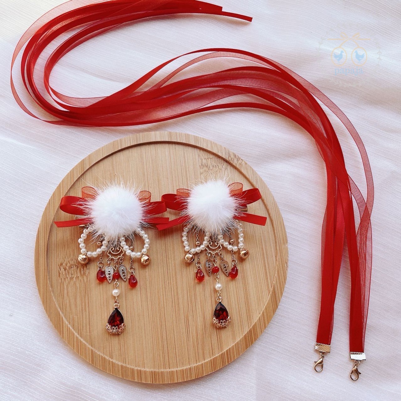 (No.195) ขายเป็นคู่ กิ๊ฟติดผมตรุษจีน มีริบบิ้นยาวสีแดงถอดออกได้