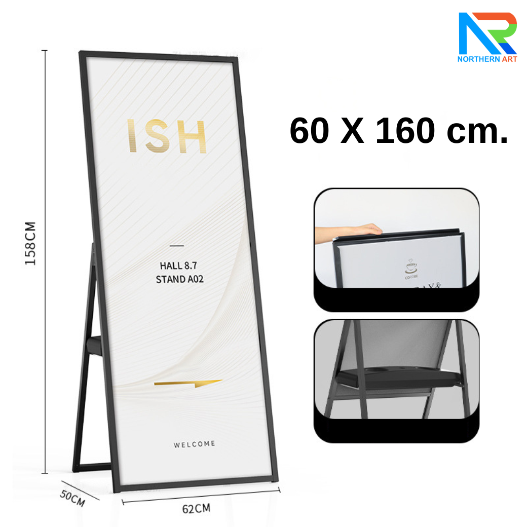 ป้ายตั้งพื้นอะลูมิเนียม สีดำ พับได้ ขนาด (W)60 x (H)160 cm. ขอบเฟรมเปิดด้านบน เพื่อสอดงานพิมพ์ พร้อมกล่องใส่น้ำ เพื่อถ่วงน้ำหนัก