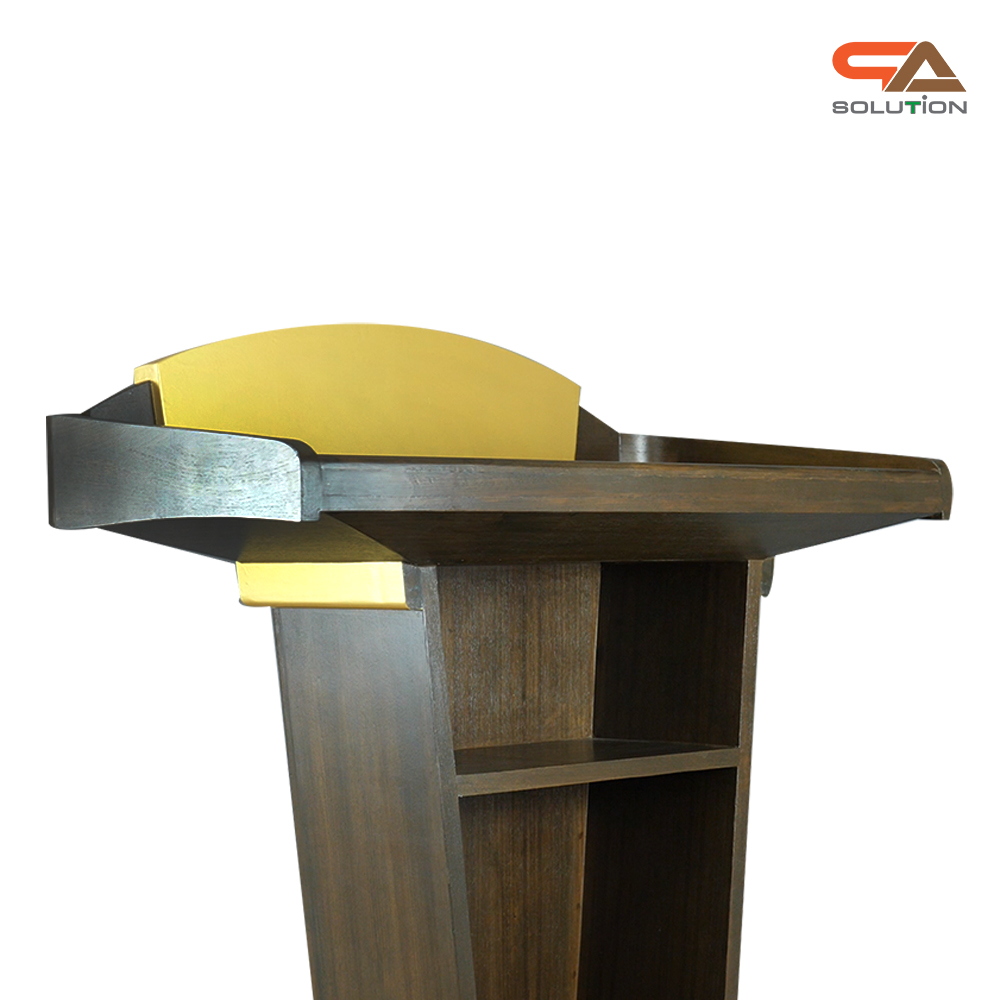 โพเดียมลายไม้ สีโอ๊คน้ำตาล และสีทอง รุ่น PD-07 ขนาดTOP (W) 90 x (L) 46 สูง 120 ซม. พร้อมชั้นวางของ