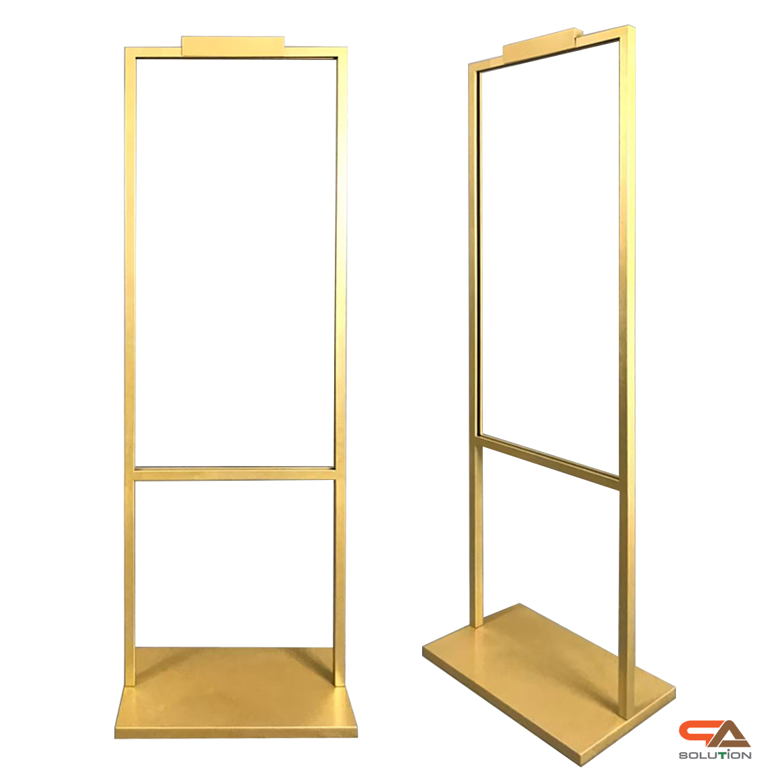 ป้ายตั้งพื้นเหล็ก สีทอง ขนาด (W)44 x (H)135 cm. เสาคู่ ฐานเหล็ก สีทอง โชว์งานพิมพ์ 2 ด้าน ใส่โลโก้ได้ ถอดประกอบได้