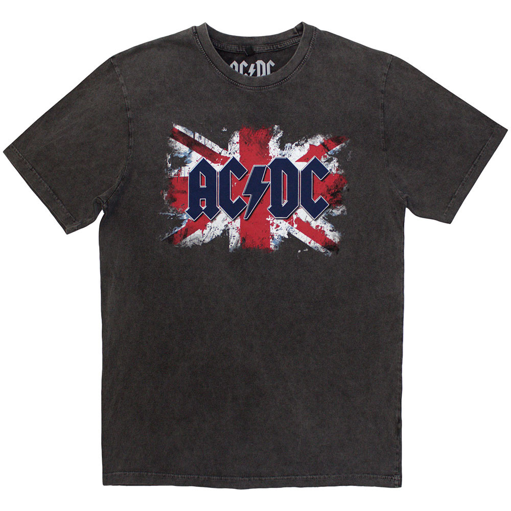 AC/DC Unisex Stone Wash T-Shirt: Flag CHARCOAL GREY