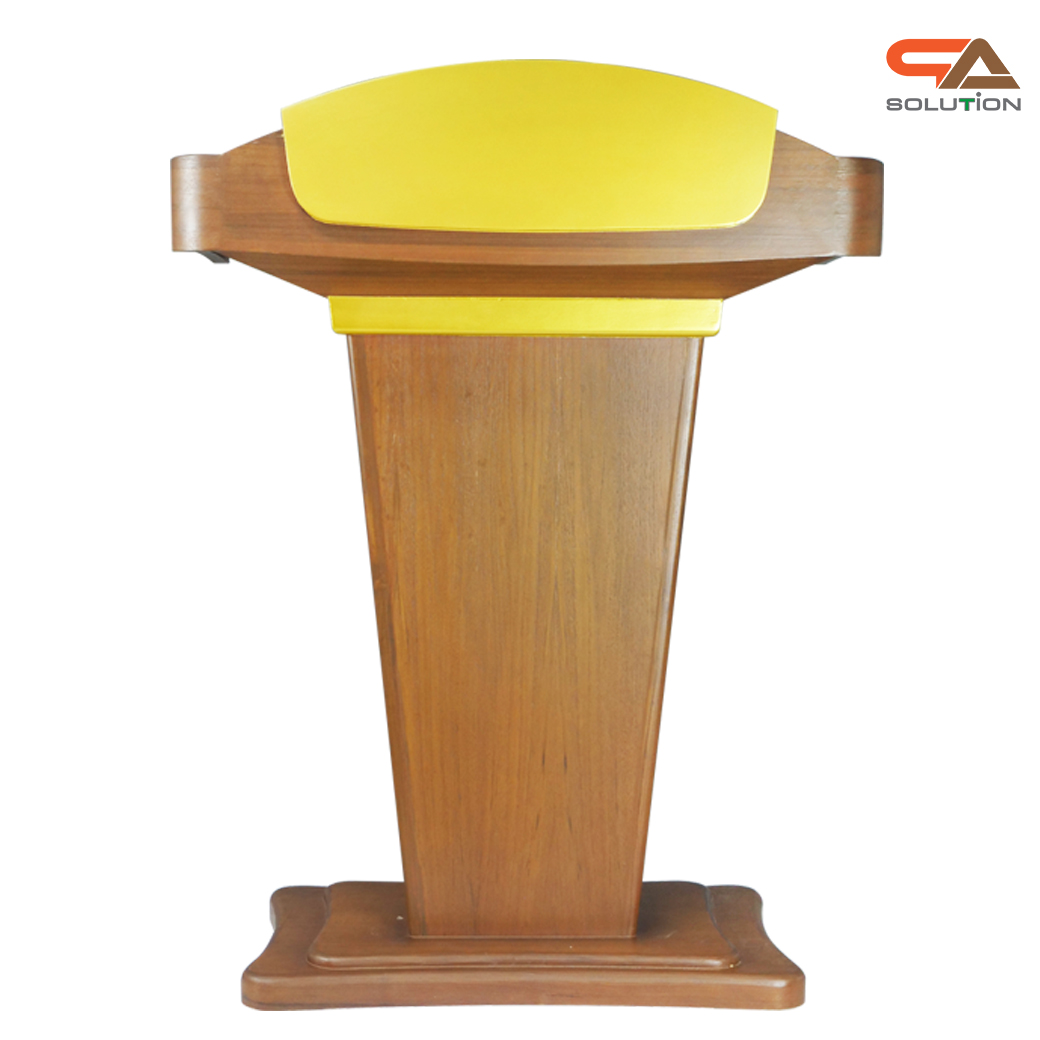 โพเดียมลายไม้สีสักและสีทอง รุ่น PD-07 ขนาดTOP (W)90 x (L)46 x (H)120 ซม. พร้อมชั้นวางของ