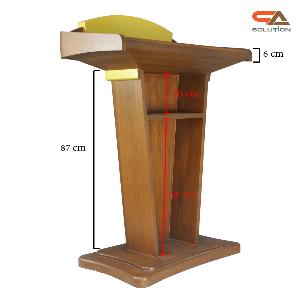 โพเดียมลายไม้สีสักและสีทอง รุ่น PD-07 ขนาดTOP (W)90 x (L)46 x (H)120 ซม. พร้อมชั้นวางของ