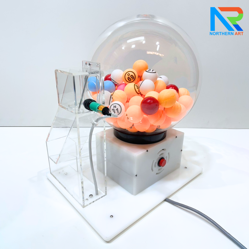 เกมส์จับฉลากไฟฟ้าทรงกลม ตั้งโต๊ะ ขนาด (W)35 X (L)30 X (H)45 cm. ตัวเกมส์หมุนเองอัตโนมัติ พร้อมระบบเซ็นเซอร์จับลูกบอล