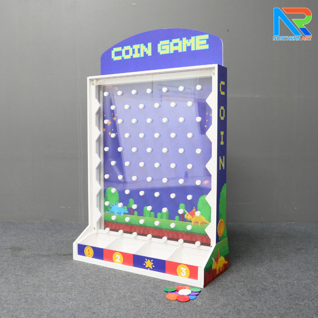 เช่าเกมส์หย่อนเหรียญตั้งโต๊ะ ขนาด (W)50 X (D)20 X (H)80 cm. วัสดุพลาสวูดหนา 8 มม. พร้อมเหรียญพลาสติกคละสี 10 เหรียญ