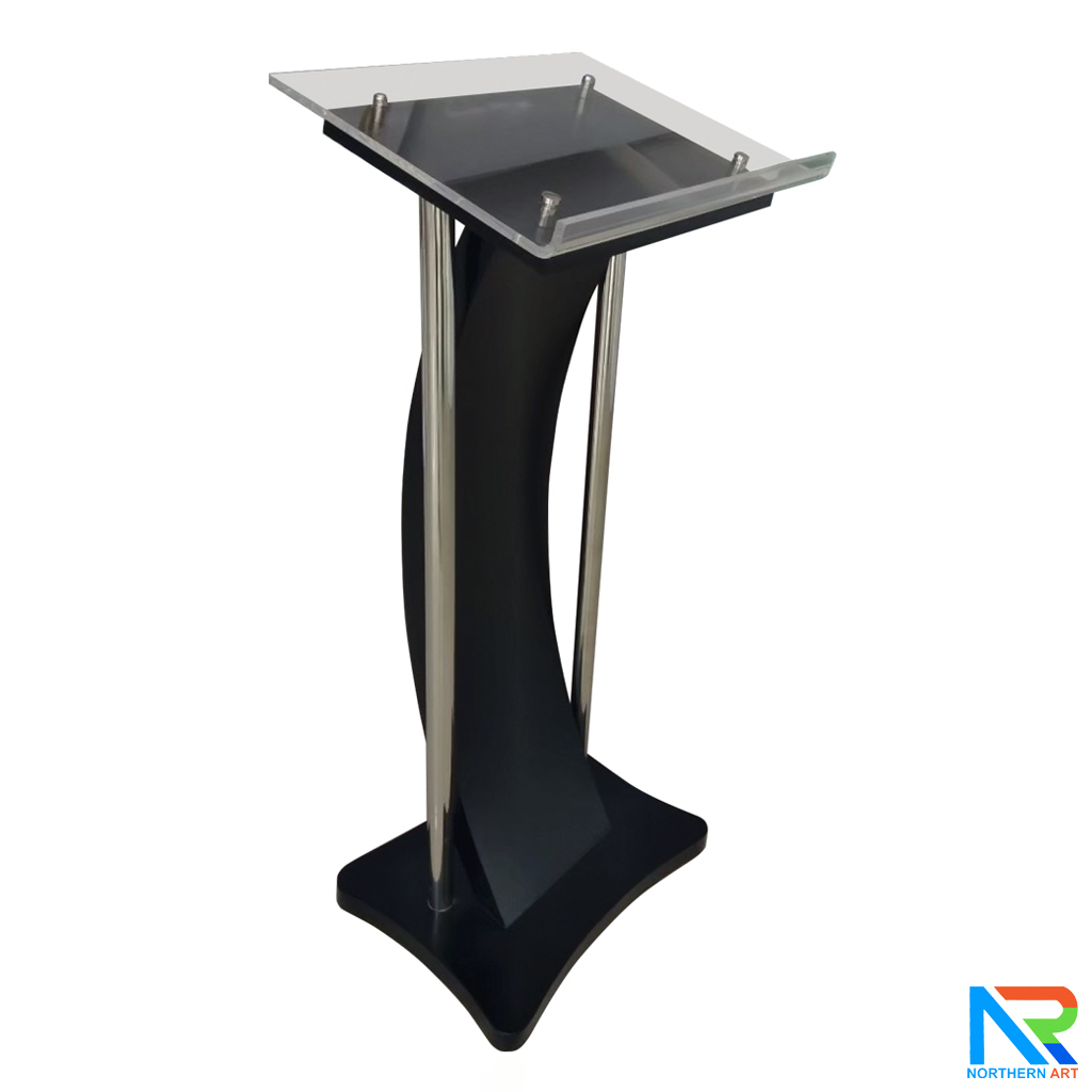 โพเดียมไม้ สีดำ ขนาด (W) 50 x (L) 40 x (H) 120 cm. พร้อมเสาสแตนเลสคู่ TOP เอียง อะคริลิคใส ติดหมุด