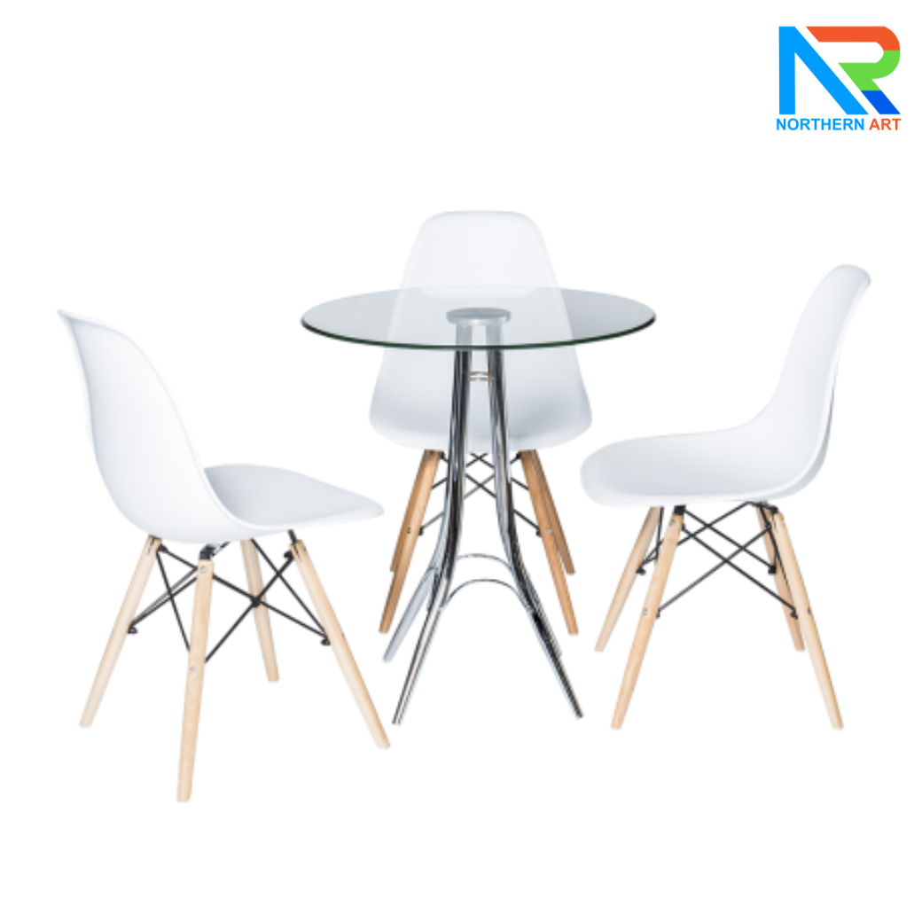 เช่าชุดโต๊ะบาร์ Top กระจกกลม ขาเหล็กชุบโครเมี่ยม พร้อมเก้าอี้ 3 ตัว (เก้าอี้มีหลายแบบให้เลือก)