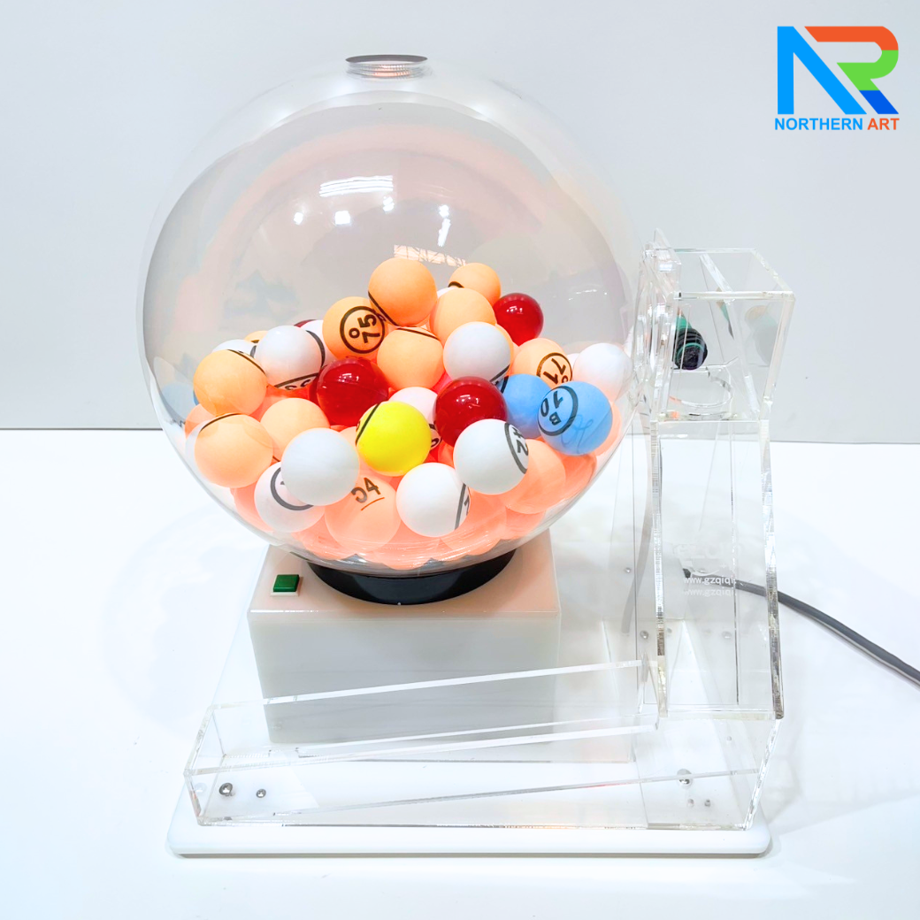 เกมส์จับฉลากไฟฟ้าทรงกลม ตั้งโต๊ะ ขนาด (W)35 X (L)30 X (H)45 cm. ตัวเกมส์หมุนเองอัตโนมัติ พร้อมระบบเซ็นเซอร์จับลูกบอล