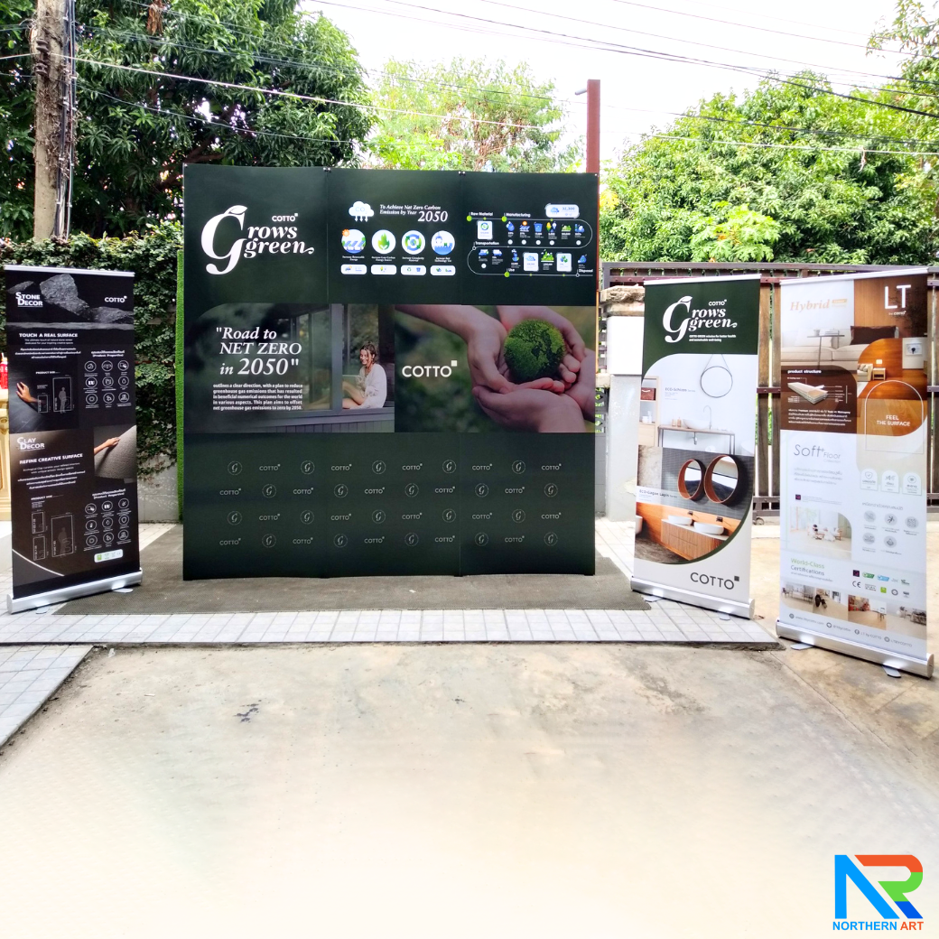 BACK DROP SET ชุดฉากแบคดรอป สำหรับจัดบูธ ประกอบด้วย แบคดรอป รุ่นเหลี่ยม แบบตรง + โรลอัพเกรดเอ