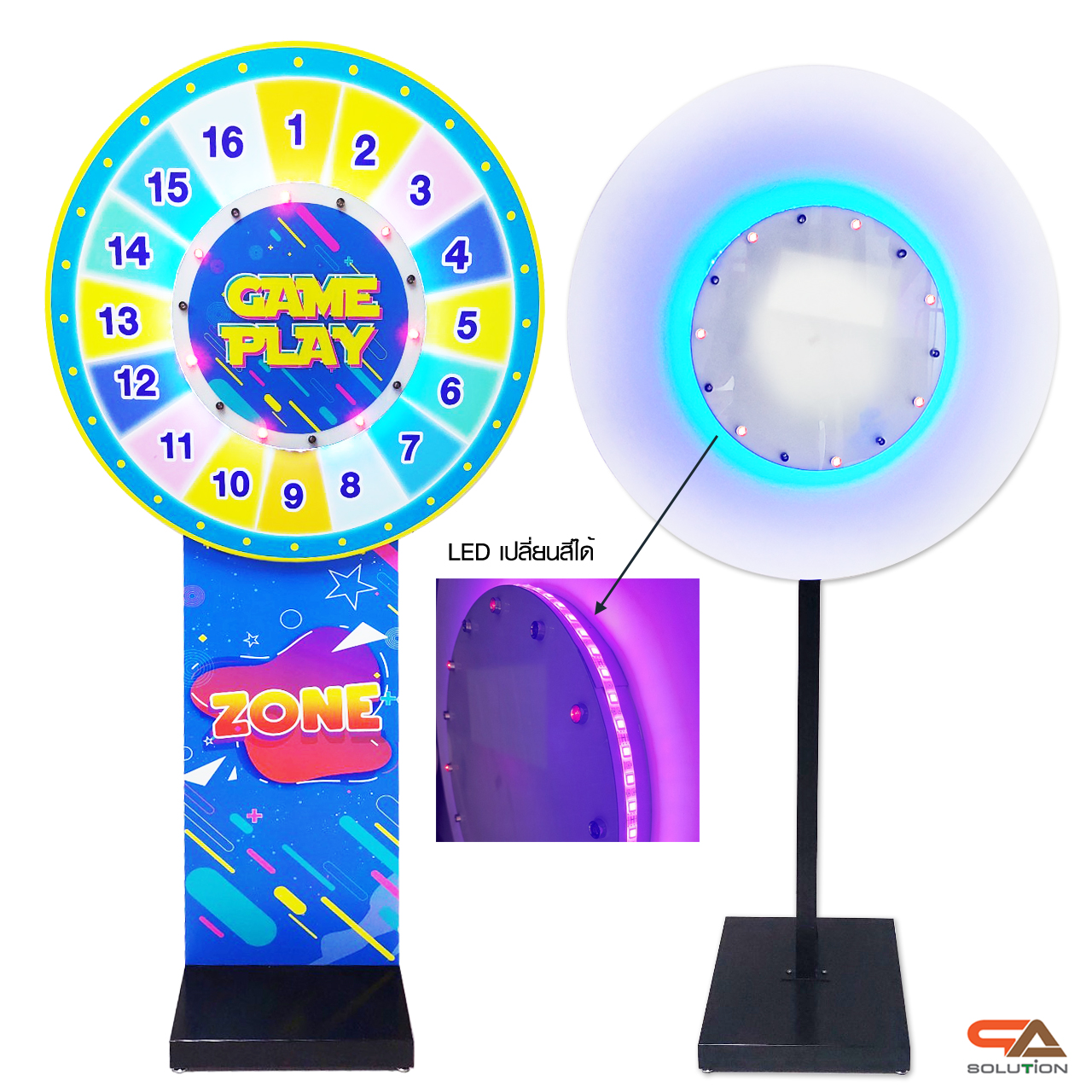 เช่าเกมส์วงล้อ LED ตั้งพื้น รุ่นA ระบบสัมผัส พร้อมไฟกระพริบเปลี่ยนสีได้ ขนาดวงล้อ 80 ซม.สูง 170 ซม. สามารถเปิดเพลง-สปอร์ตโฆษณาได้ มีลำโพงในตัว