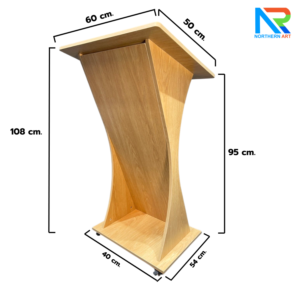 โพเดียมไม้ สีสักลายไม้ TOPเอียง ขนาด (W)60 x (L)50 x (H)108 cm. พร้อมล้อเลื่อนและชั้นวางของ