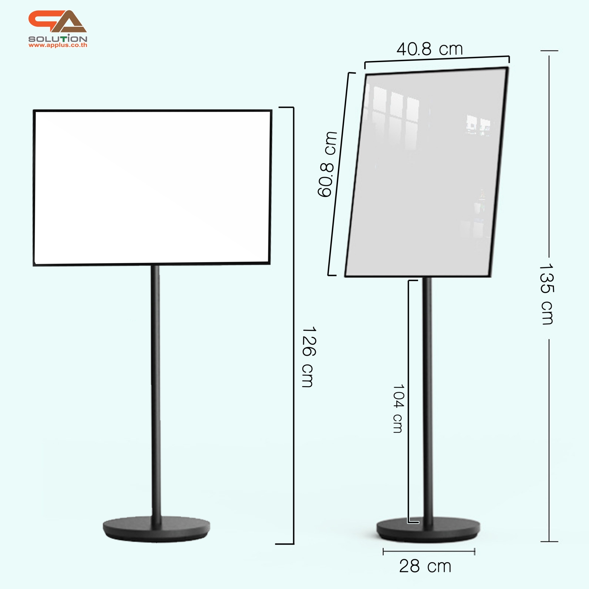 โปสเตอร์สแตนด์ ขนาด 40x60 cm. สีดำ ฐานกลม เสาเดี่ยว สอดภาพจากด้านข้าง เปลี่ยนมุมเอน ปรับแนวตั้ง-แนวนอนได้