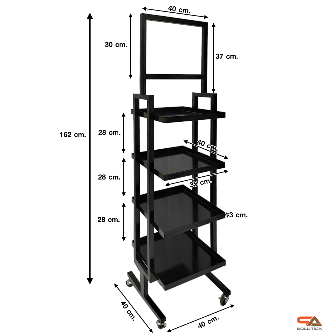 ชั้นวางสินค้าเหล็ก 4 ชั้น สีดำ ขนาด (W)40 x (D)40 x (H)162 ซม. พร้อมล้อ เคลื่อนย้ายสะดวก แข็งแรง รับน้ำหนักได้ดี