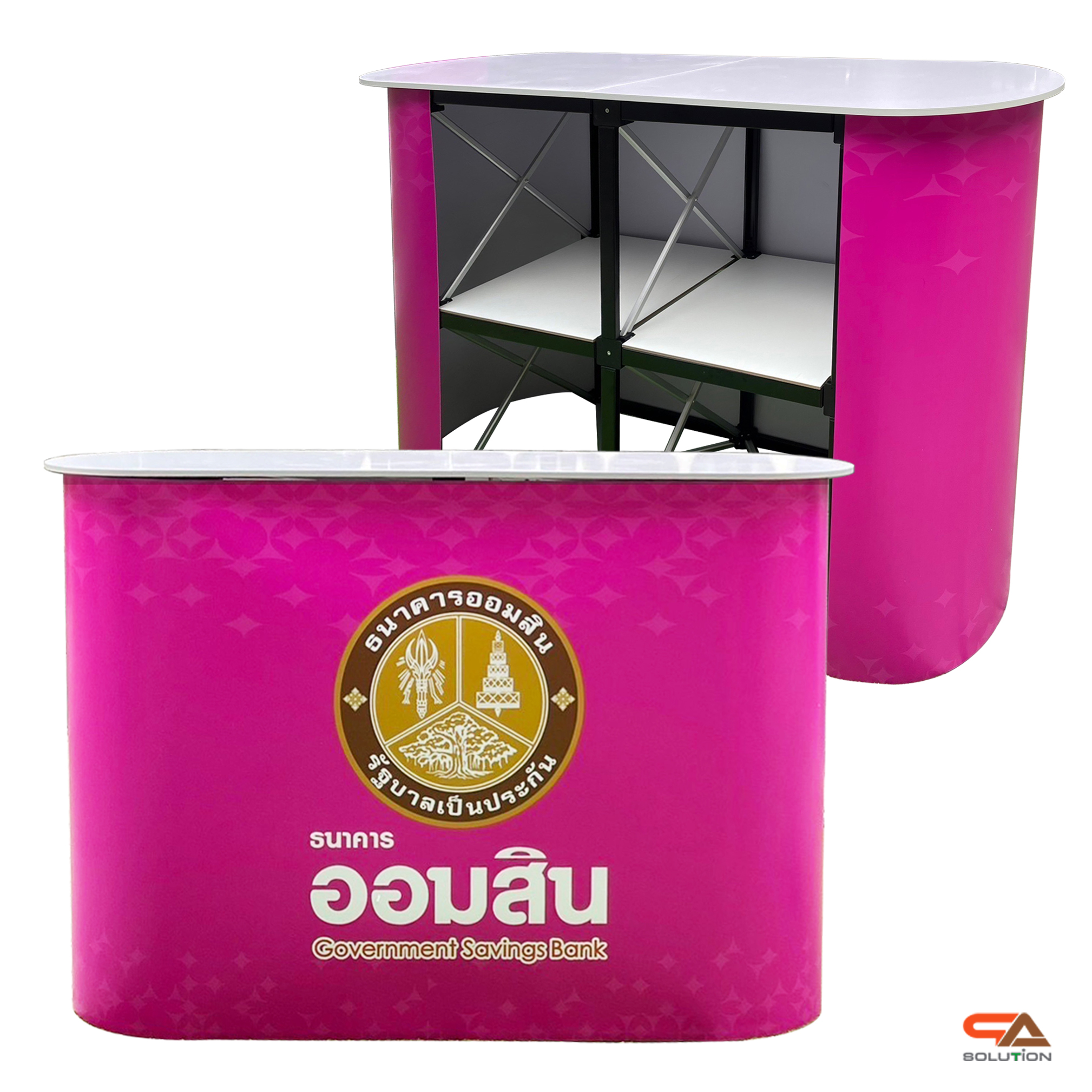เคาน์เตอร์ออกบูธ รุ่นตรง TOP สีขาว ขนาด (W)130 x (D)40 x (H)87 cm.โครงอะลูมิเนียม พร้อมชั้นวางของ พับเก็บได้ เคลื่อนย้ายสะดวก