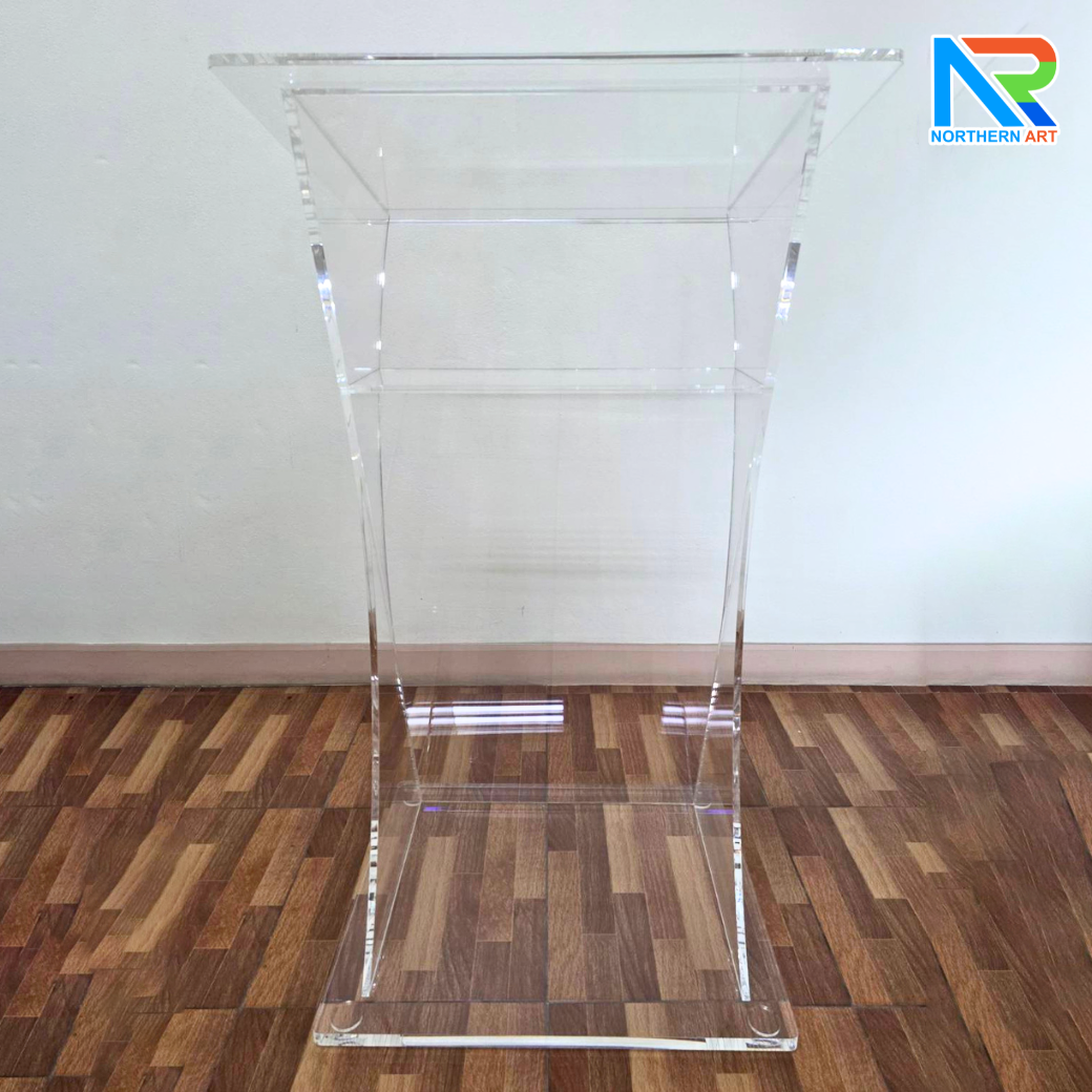 โพเดียม อะคริลิคใส ขนาด(W)60 x (L)50 x (H)110 cm. TOP เอียงพร้อมกันตก วัสดุอะคริลิคใส หนา 10 มม.