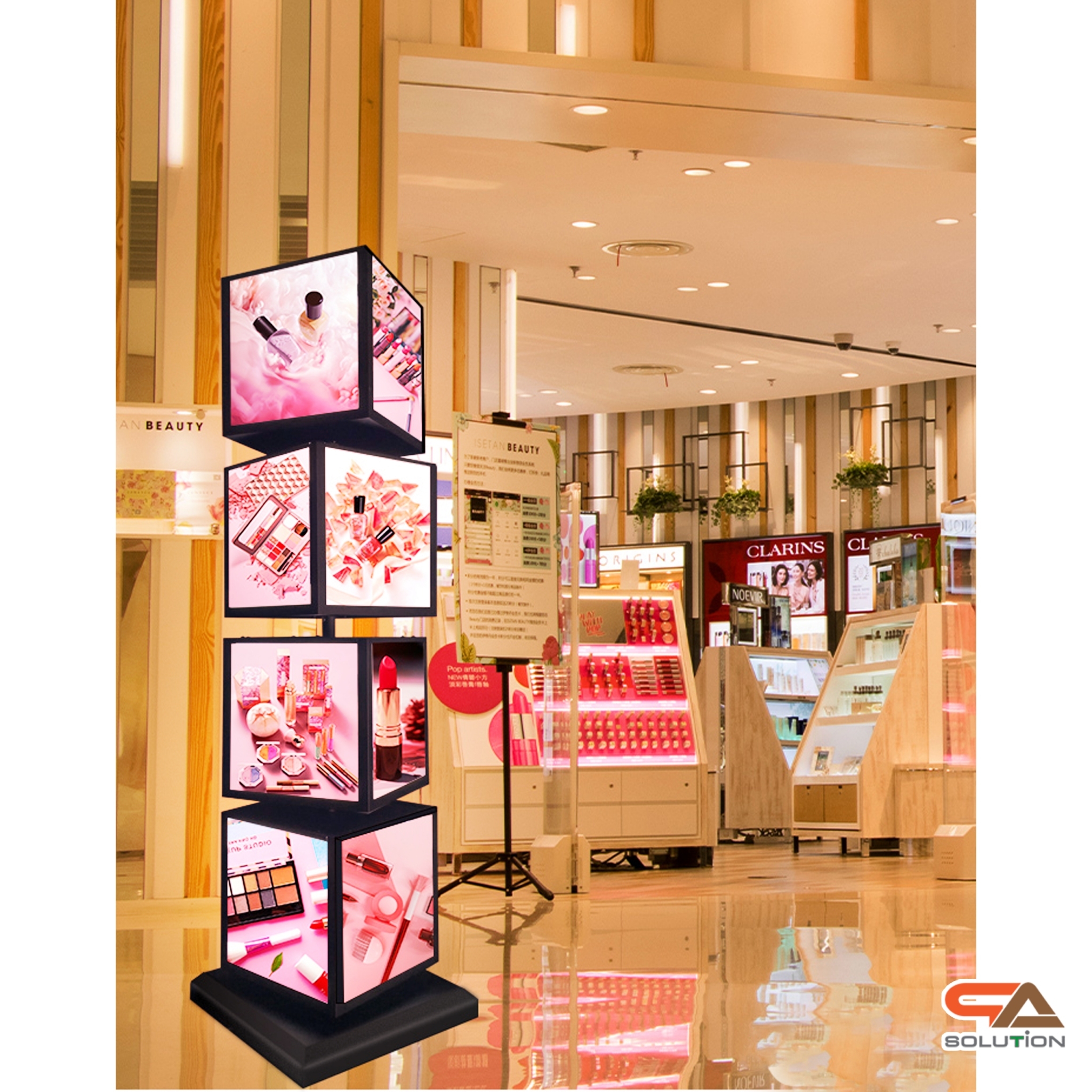 เช่าตู้ไฟLEDตั้งพื้น หมุนได้360องศา ทรงลูกเต๋า 4 ชั้น ขนาด (W)30 x (D)30 x (H)150 ซม. โชว์งานพิมพ์ 4 ด้าน ไว้ภายนอกอาคารได้