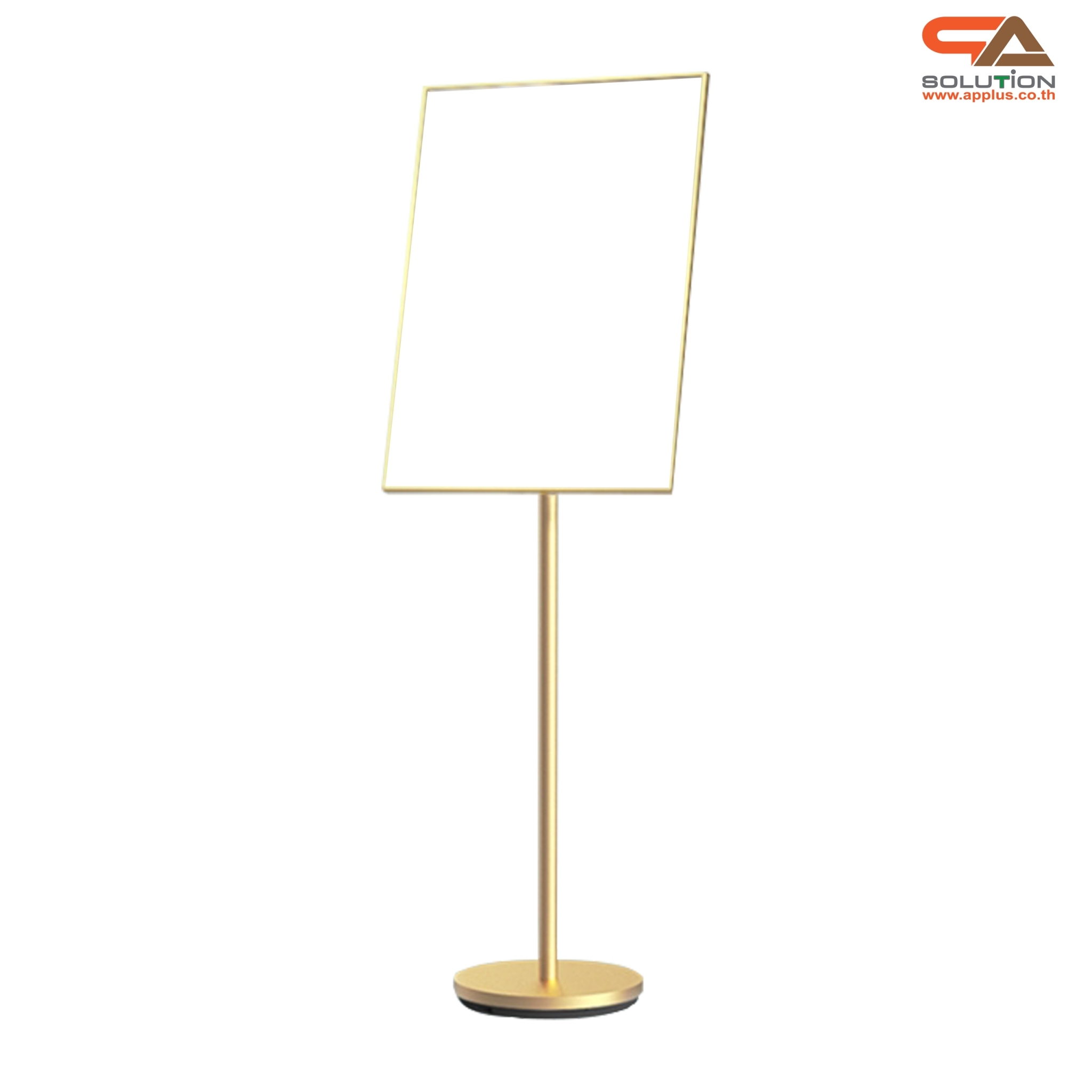 โปสเตอร์สแตนด์ ขนาด 40x60 cm. สีทอง ฐานกลม เสาเดี่ยว สอดภาพจากด้านข้าง เปลี่ยนมุมเอน ปรับแนวตั้ง-แนวนอนได้