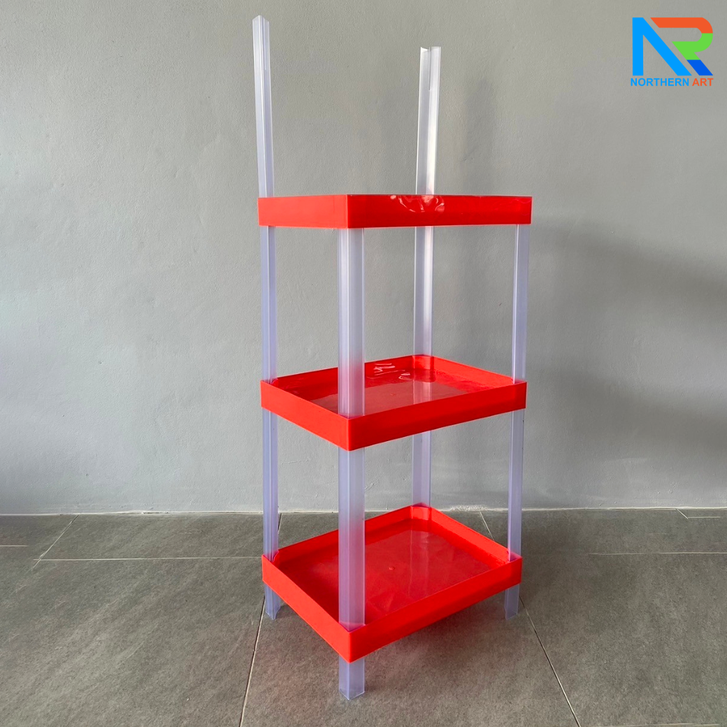 ชั้นวางสินค้าพลาสติก 3 ชั้น สีแดง ขนาด (W) 53 x (L) 35 x (H) 140 cm. น้ำหนักเบา ถอดประกอบได้
