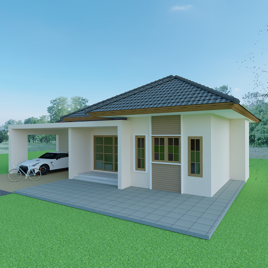 แบบบ้านชั้นเดียวทรงปั้นหยา มุงกระเบื้องซีแพคโมเนีย