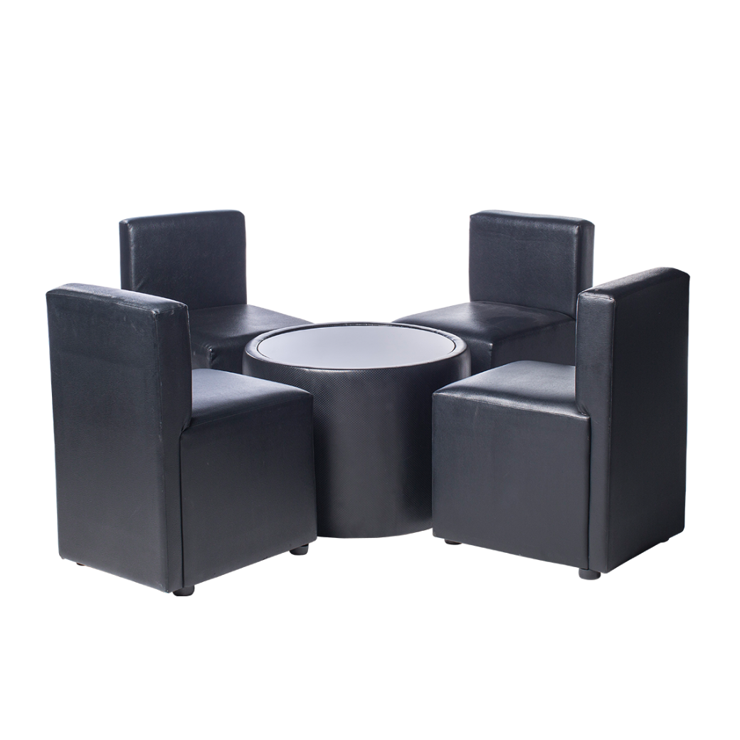 เช่าชุดโต๊ะทรงกลม หุ้มหนังทั้งตัว TOP กระจก พร้อมเก้าอี้ 4 ตัว (เก้าอี้มีหลายแบบให้เลือก)