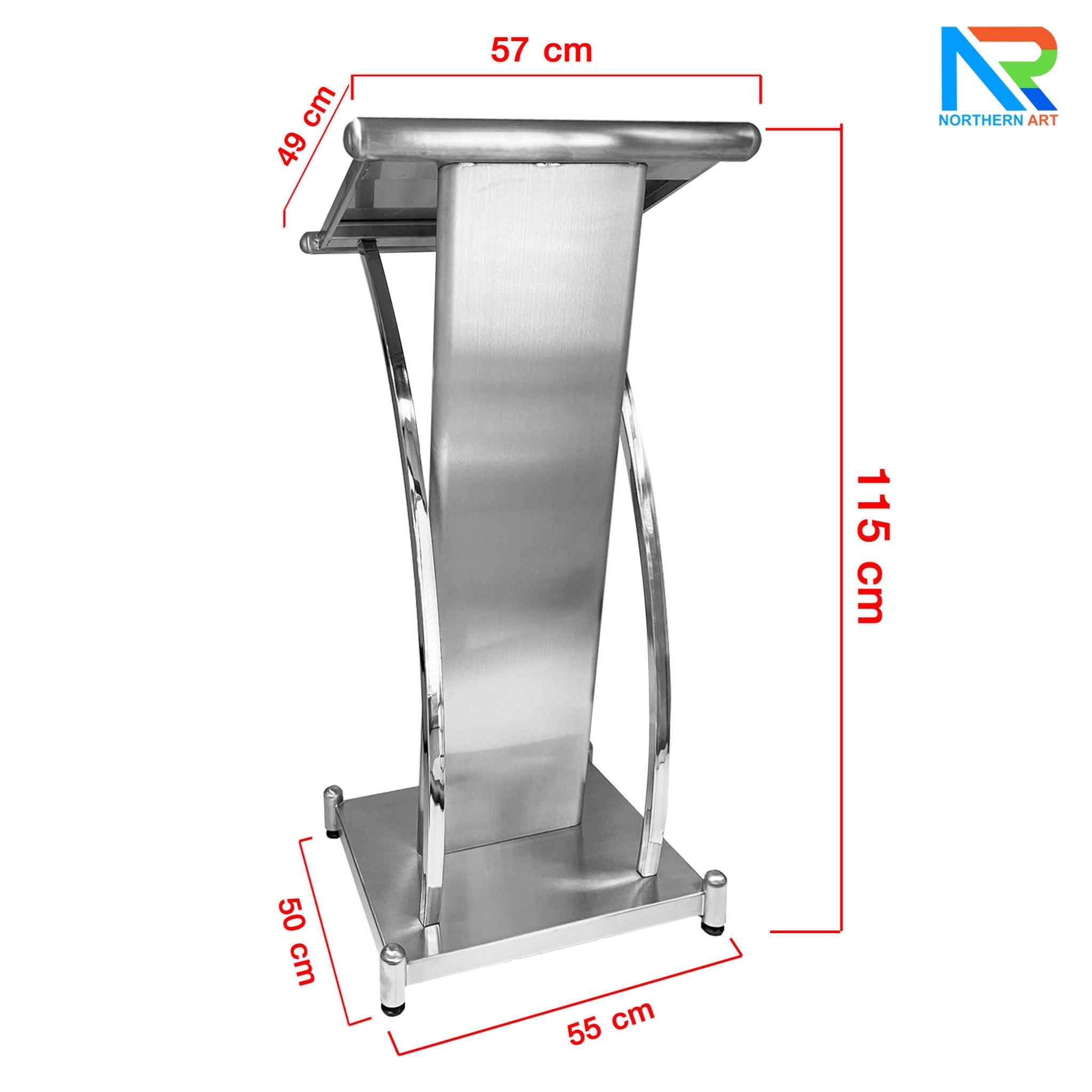 โพเดียมสแตนเลส แฮร์ไลน์ ST-01 ขนาด TOP (W)57 x (L)49 สูง (H)116 ซม. ตกแต่งสแตนเลสโค้งด้านข้าง เกรด304 แข็งแรงทนทาน