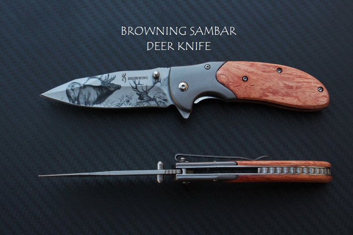 มีดพับด้ามไม้ลายเขากวาง BROWNING SAMBAR DEER KNIFE.