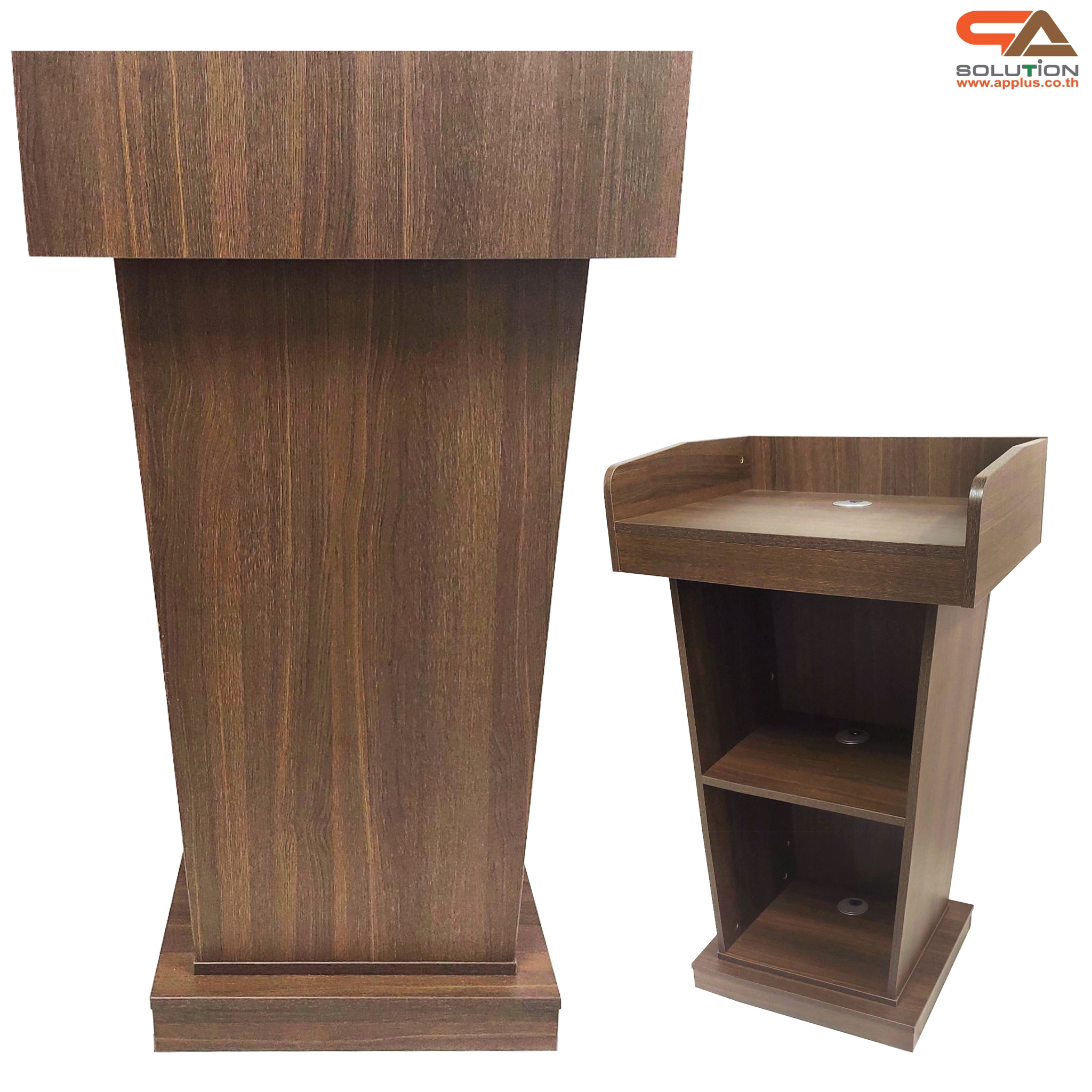 เช่าโพเดียมไม้ ลายไม้สีสัก ขนาด TOP (W)60 x (D)50 cm. สูง 109 cm. พร้อมชั้นวางของ