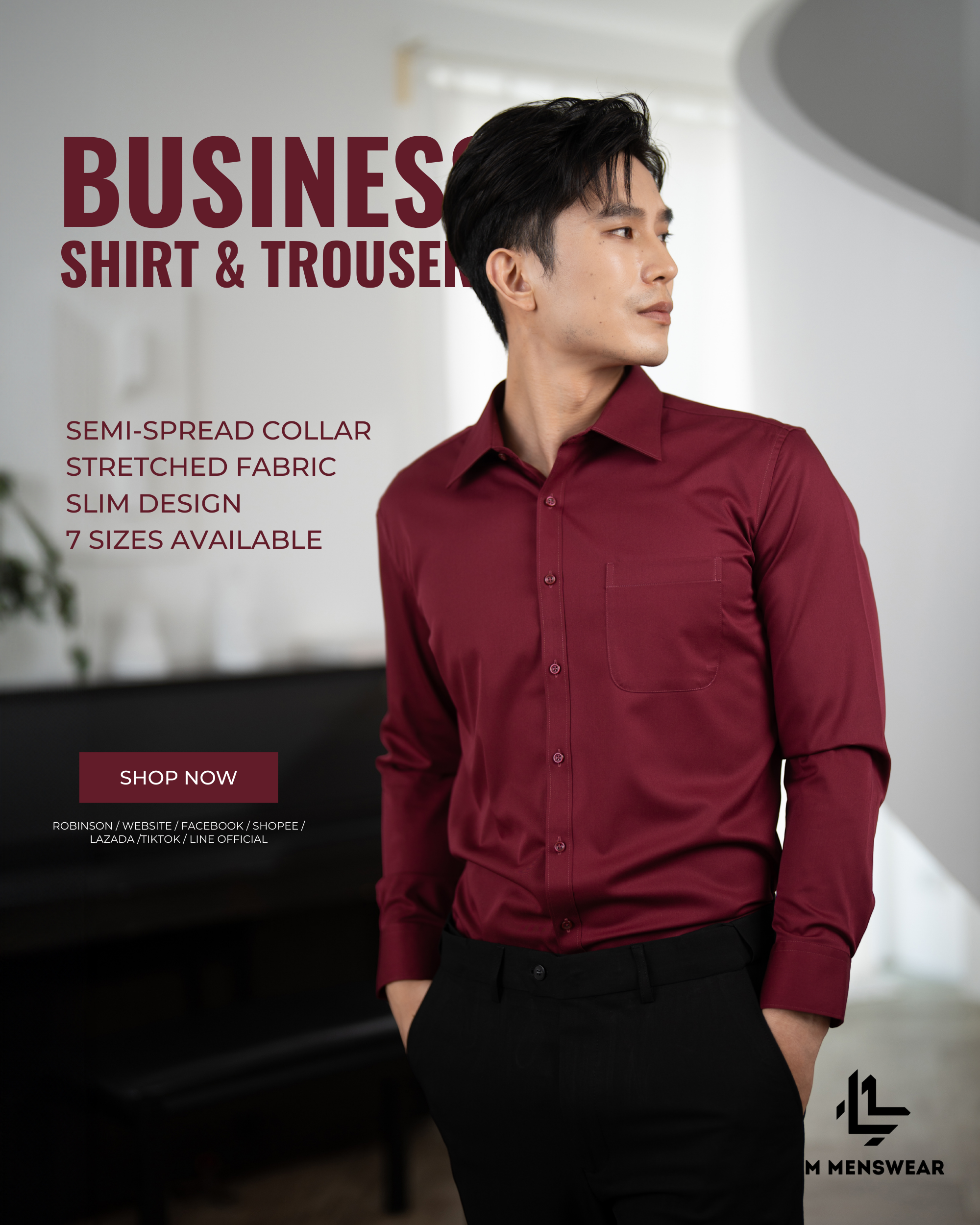 Business Shirt เสื้อเชิ้ต รุ่นบิสเนส โทนสีชมพู แดง ปก Semi-Spread Collar ทางการ เหมาะสำหรับใส่เน็คไทด์