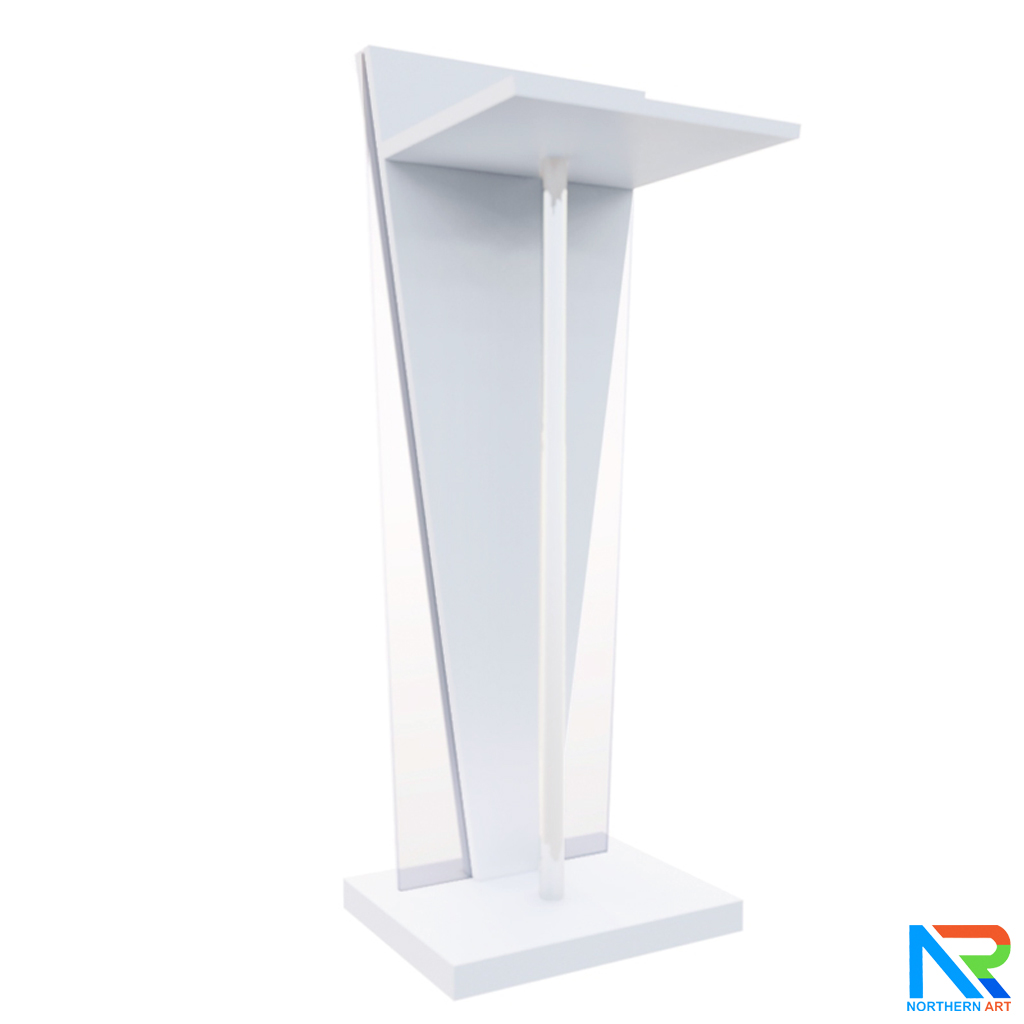 โพเดียมไม้สีขาว ทรงสามเหลี่ยม ขนาด (W) 45 x (L) 35 x (H) 120 cm. ด้านข้างอะคริลิคใส หนา 8 มม. ด้านหน้าอะคริลิคใส ติดหมุด สำหรับติดโลโก้