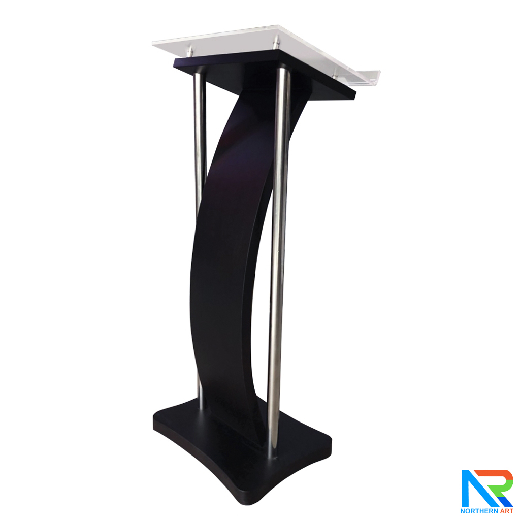 โพเดียมไม้ สีดำ ขนาด (W) 50 x (L) 40 x (H) 120 cm. พร้อมเสาสแตนเลสคู่ TOP เอียง อะคริลิคใส ติดหมุด