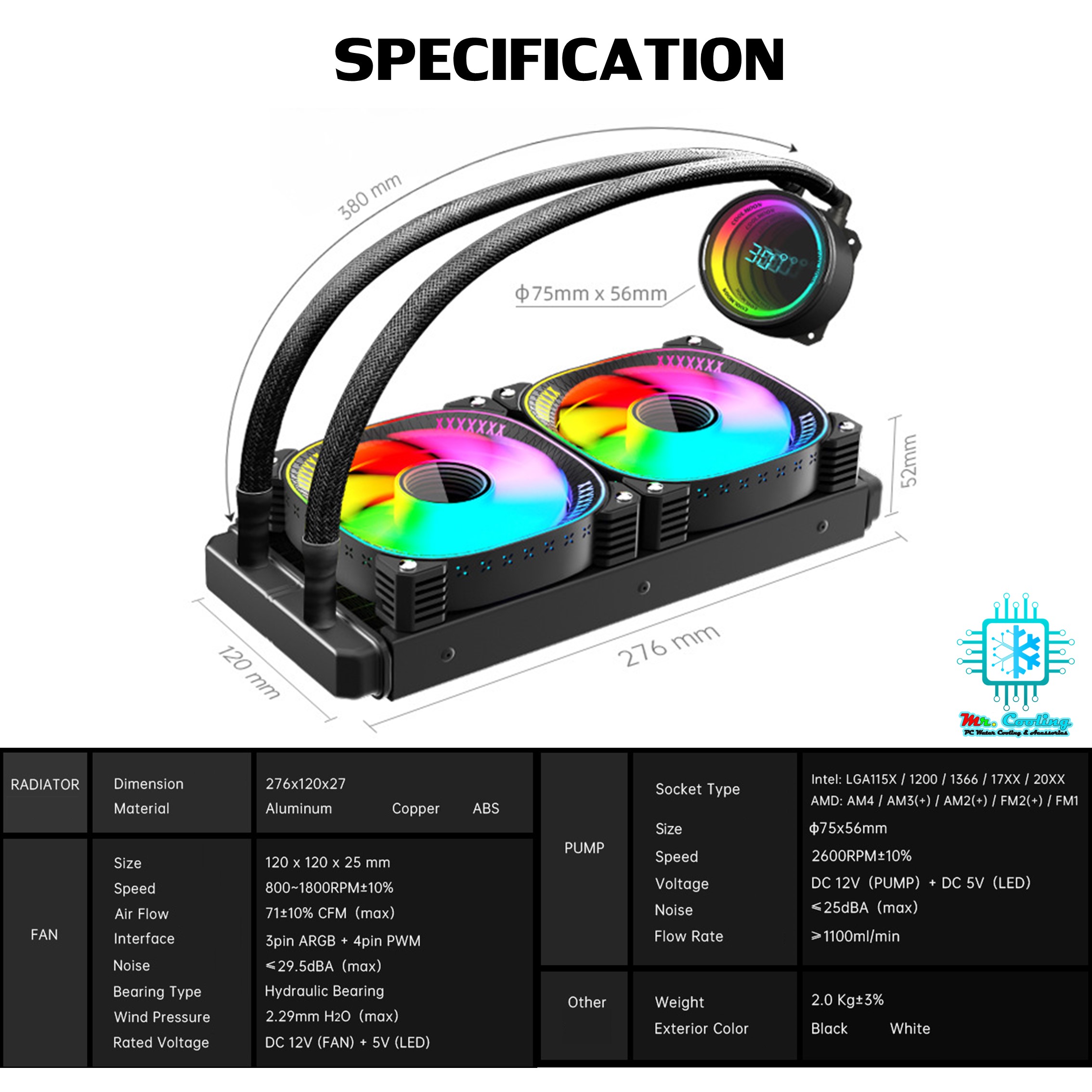 ชุดน้ำCPUระบบปิด มีจออุณหภูมิ ระบบไฟARGB ICEMOON 3D Temperature Monitor 5V ARGB