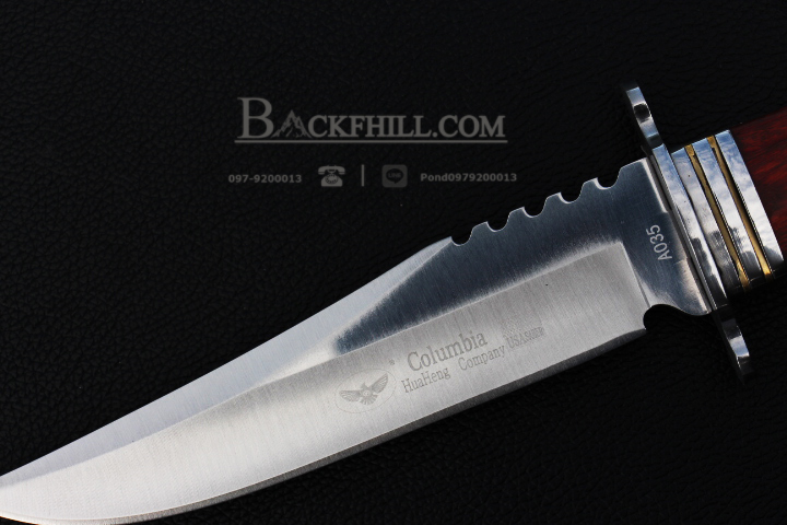 มีดใบตาย COLUMBIA รุ่นA035 ใบมีดทรงโบวี่ ด้ามจับ ลายกางเขนเงินคลาสสิค ไม้อย่างดี พร้อมซองไนลอน