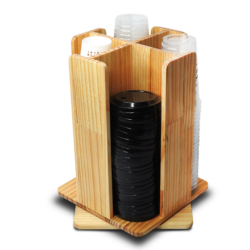 ที่ใส่แก้วกาแฟ กล่องจ่ายแก้ว ที่วางแก้วเครื่องดื่ม ไม้สีน้ำตาล 4 ช่อง ฐานตั้ง หมุนได้ 360 องศา