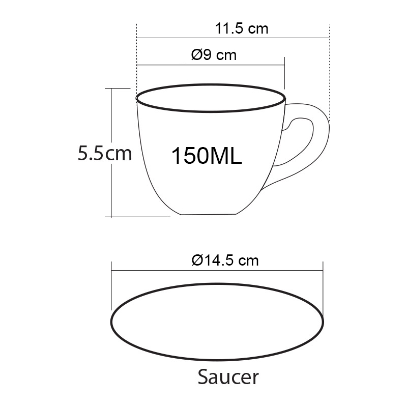 Coffee cup 150 CC. Size M (Black-inside white) with Saucer