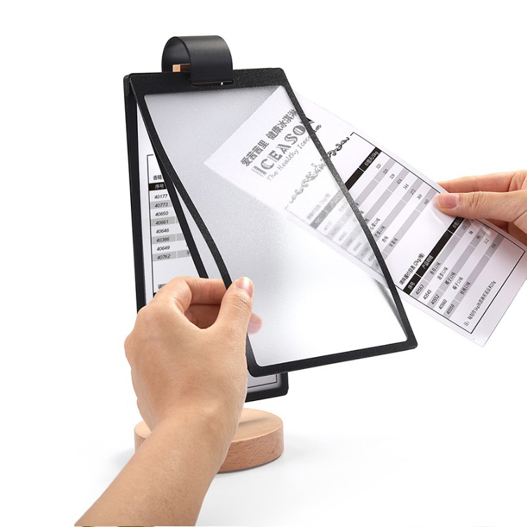 เมนูตั้งโต๊ะ ฐานไม้ รุ่น D4 ฐานไม้จริง สีบีช ขนาด 10X20 ซม., A5 และ A4 พร้อมซองพลาสติก 5 ซอง โชว์งานพิมพ์ได้ 2 หน้า (เพิ่มซองได้ )