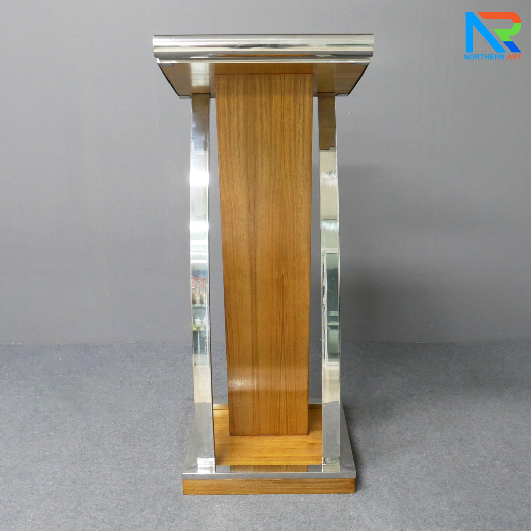 โพเดียมไม้จริง สีสัก PD-01 ขนาด (W)48 x (L)51 x (H)120 cm Top หุ้มสแตนเลส เกรด 304 แข็งแรงทนทาน พร้อมจัดส่งทั่วไทย