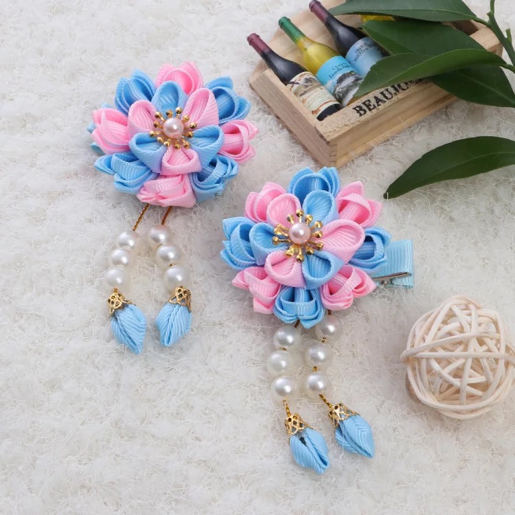 (No. 72) (ขายเป็นคู่) กิ้บติดผมสไตล์จีนดอกไม้ สีฟ้า/ชพมู รุ่นร้อยมาลัยทูโทน