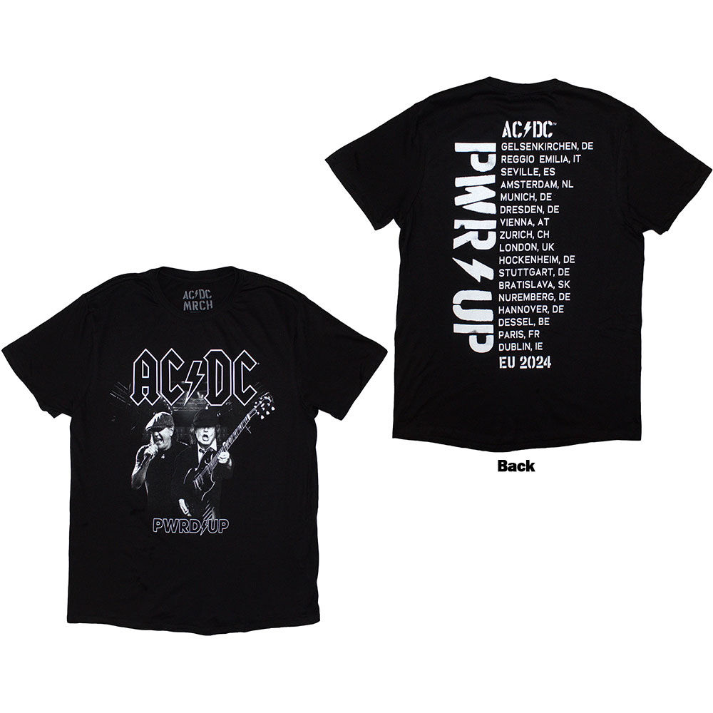 AC/DC Unisex T-Shirt: PWRD-UP B&W Photo EU Tour '24 (Back Print & Ex-Tour) GREY