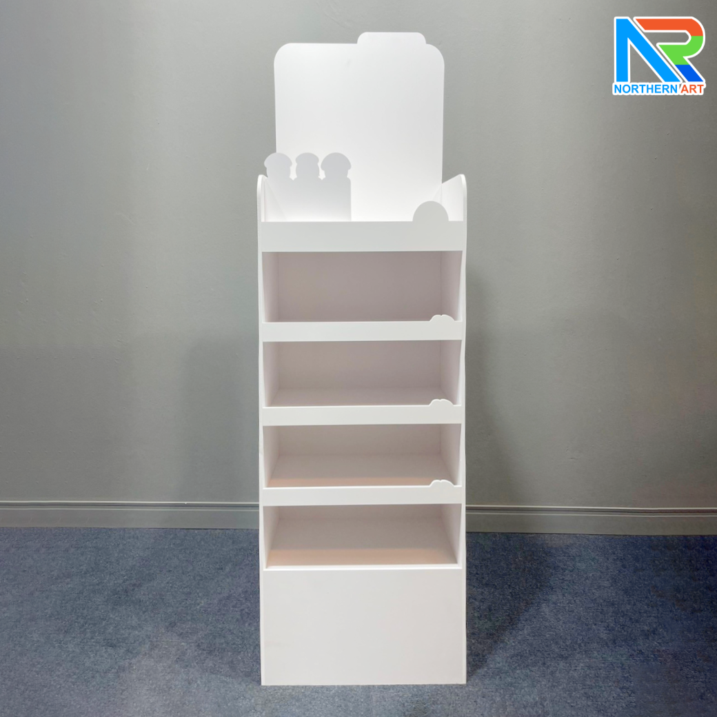 ชั้นวางสินค้าพลาสวูด 5 ชั้น ขนาด (W)46.6 x (D)30 x (H)152.5 cm. พร้อมงานพิมพ์ พลาสวูดหนา 8 มม. สั่งผลิตตามแบบ