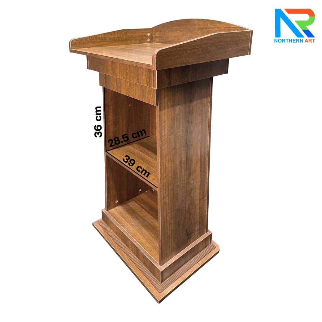 โพเดียมไม้ ลายไม้สีสัก ขนาด (W)60 x (D)50 x (H)110 cm. พร้อมชั้นวางของ