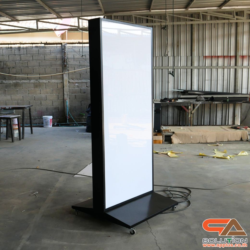 ตู้ไฟ LED ตั้งพื้น ฐาน SLOPE พร้อมล้อเลื่อน ขนาด 80x180 cm.พร้อมแผ่นอะคริลิค 2 แผ่น โชว์งานพิมพ์ 2 ด้าน เหมาะกับภายนอกอาคาร