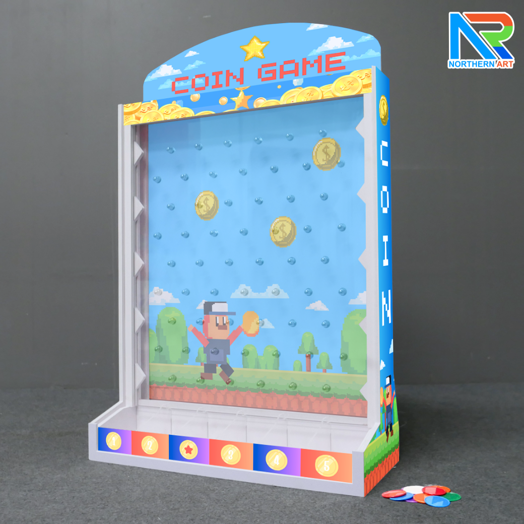 เกมส์หย่อนเหรียญตั้งโต๊ะ ขนาด (W)50 X (D)20 X (H)75 cm. พร้อมเหรียญพลาสติกคละสี 10 เหรียญ