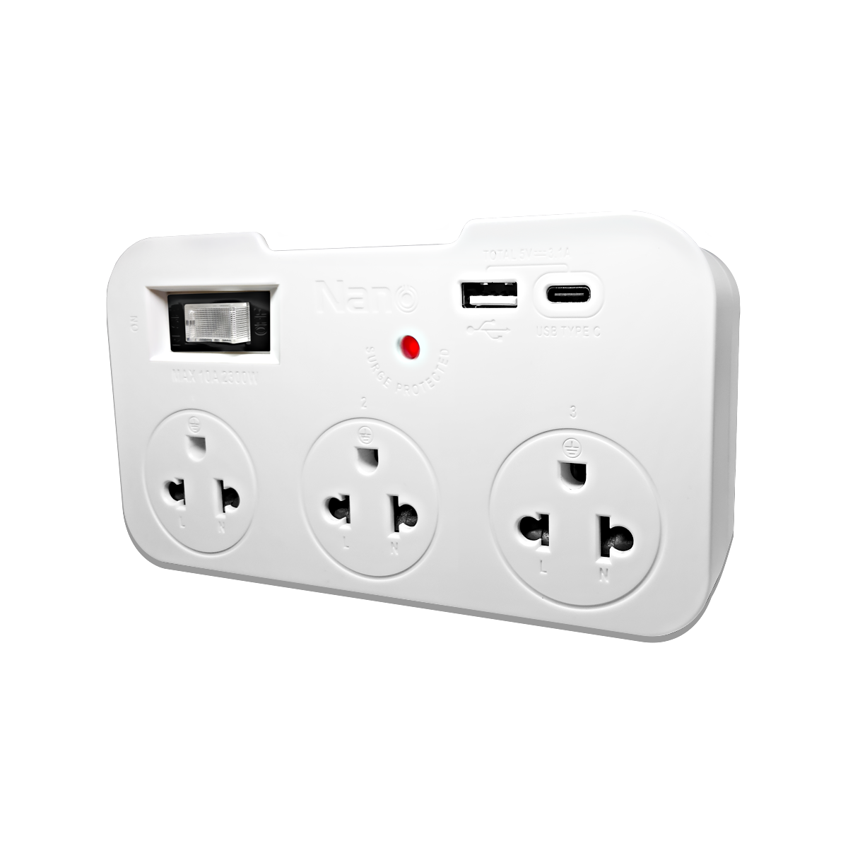 NANO ปลั๊กพ่วงพกพา 3 เต้ารับ+สวิตช์+USB TYPE A+TYPE C 10A